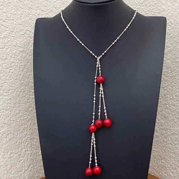 Silver-tone Chain with Red Beads Lariat 24-Inch Necklace 14.2g - Picture 2 of 14